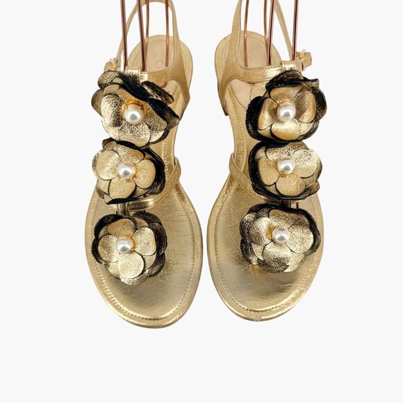 Chanel Camellia Pearl T-Strap Sandals Gold Leather Size 37C US 6–6.5 Women Flat - Picture 3 of 15